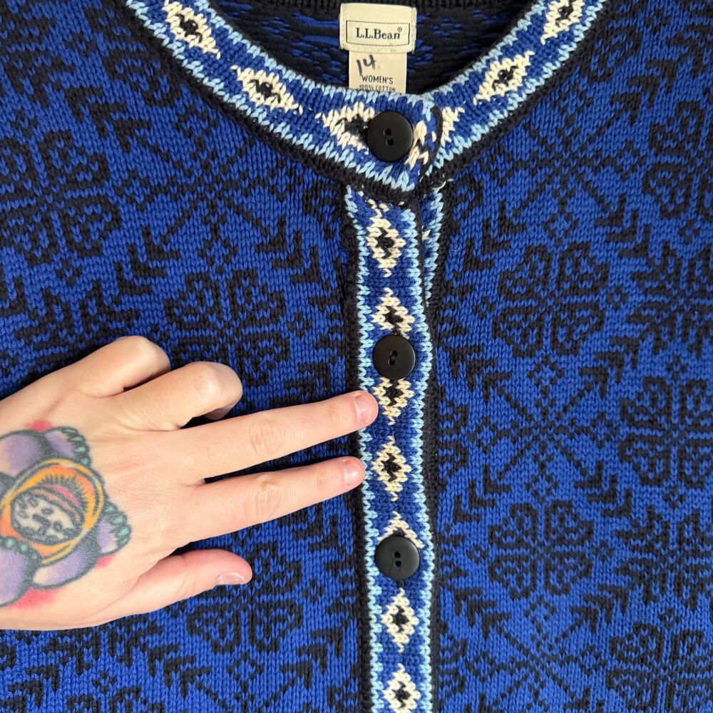 Vintage L.L. BEAN Women's Med Cotton Knit Fair Isle Blue Button Up Sweater Retro - Picture 5 of 11